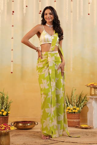 B'Infinite Lime Tropical Embellished Draped Saree With Blouse 