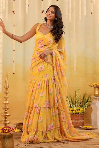 B'Infinite Sunlit Garden Embellished Draped Saree With Blouse 