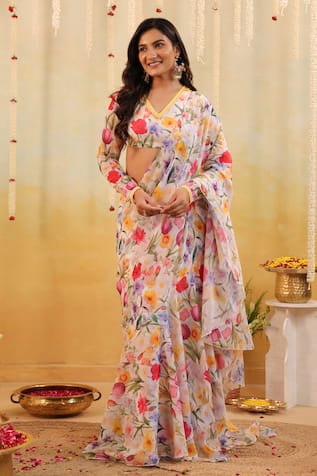 B'Infinite Garden Tulipe Embellished Draped Saree & Blouse Set 