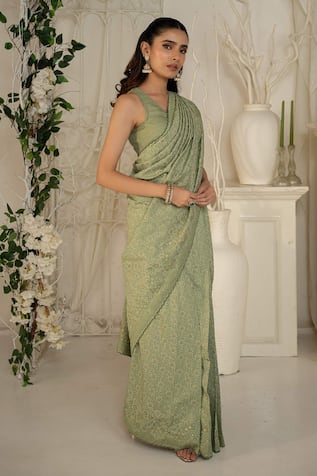 Safaa Sage Green Moonga Silk Saree Set 