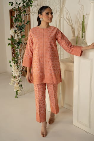 Safaa Designer Orange Moonga Silk Kurta Pant Set 