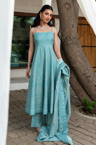 Safaa Aqua Blue Moonga Silk Anarkali Set 