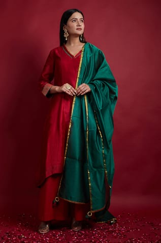Red Chanderi A-Line Kurta Set 