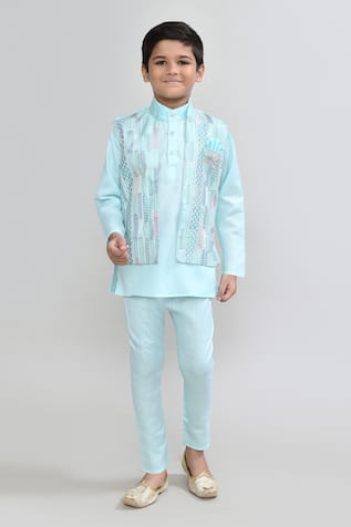 Petite Pomme Designer Green Kurta Pyjama Waistcoat Set 