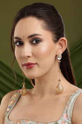 Ruby Raang Kundan Antique Finish Long Earrings 