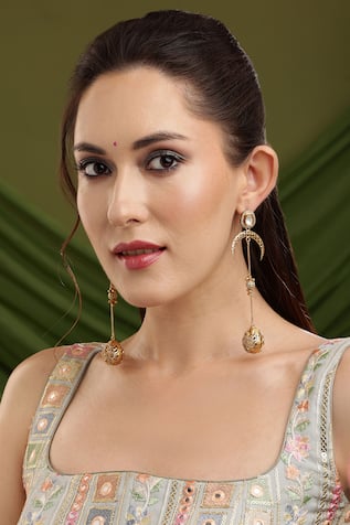 Ruby Raang Kundan Gold Plated Long Earrings 