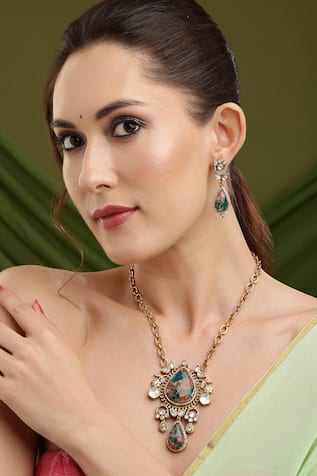 Ruby Raang Natural Stones Antique Finish Earrings and Necklace set 