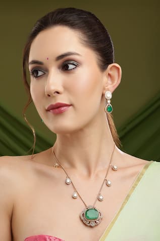 Ruby Raang Natural Stones Antique Finish Earrings and Necklace Set 