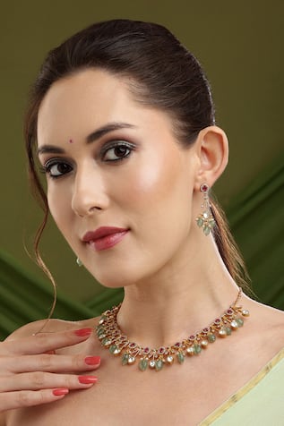 Ruby Raang Natural Stones Antique Finish Earrings & Choker Necklace Set 