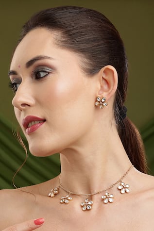 Ruby Raang Kundan Antique Finish Floral Earrings and Necklace set 