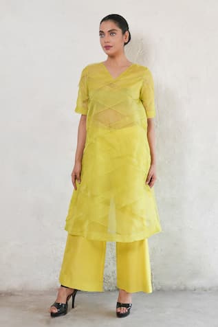 Saksham & Neharicka Lime Yellow Silk Organza Kurta Set 