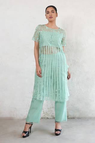 Saksham & Neharicka Mint Green Hand Embroidered Kurta Set 