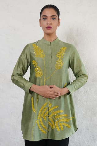Saksham & Neharicka Hand Embroidered Olive Green Shirt 