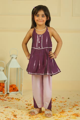 Dark Mauve Ikkat Peplum Top & Pant Set 