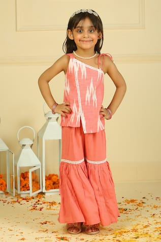 Peach Ikkat Drawstring Kurta & Sharara Set 