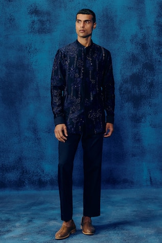 Mishru Navy Blue Chanderi Vitor Shirt Set 