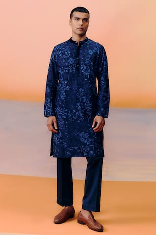 Mishru Navy Blue Chanderi Kane Kurta Set 