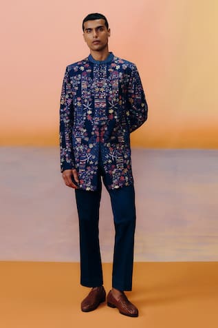 Mishru Navy Blue Designer Albie Sherwani Set 