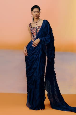 Mishru Designer Yuki Navy Blue Saree & Blouse 