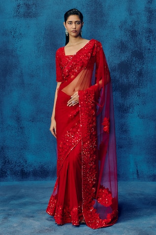 Mishru Bella Red Tulle Saree Set 