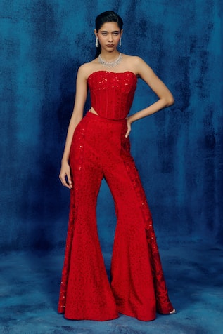 Mishru Red Tweed Myna Pants Set 