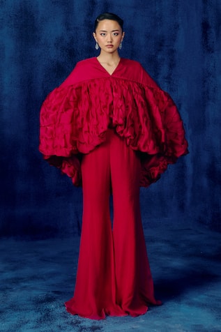 Mishru Fuchsia Ruffled Cape Top & Pant Set 