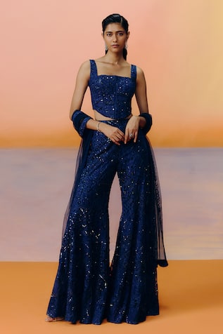 Mishru Navy Blue Sequined Pia Sharara Set 