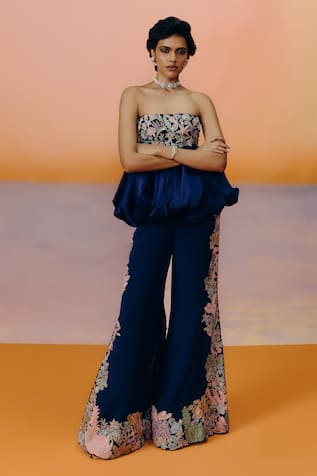 Mishru Navy Blue Embroidered Peplum Top & Pant Set 
