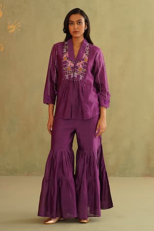 Midori By Sgv Purple Hand Embroidered Pant Set 