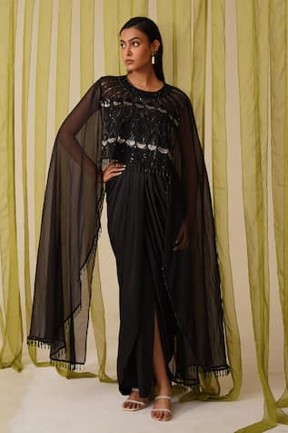 Midori By Sgv Black Embroidered Organza Dress with Cape 