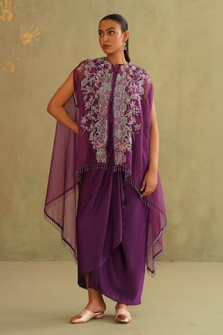 Midori By Sgv Purple Designer Draped Skirt & Cape Set 