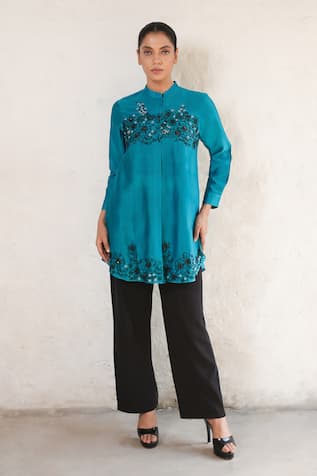 Saksham & Neharicka Hand Embroidered Teal Blue Shirt 