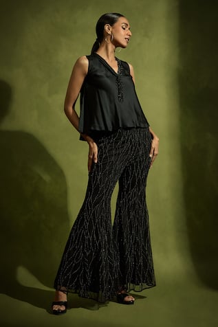Babita Malkani Black Satin Flared Pant Set 