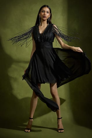 Babita Malkani Designer Black Satin Dress 
