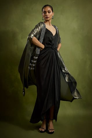 Babita Malkani Black Satin Foil Georgette Dress & Cape 