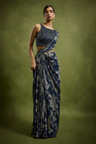 Babita Malkani Navy Blue Designer Pre-Draped Saree Set 