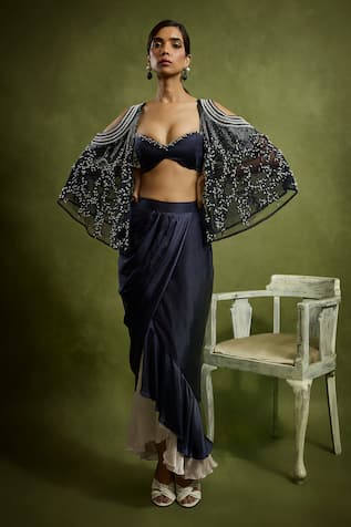 Babita Malkani Navy Blue Designer Cape & Skirt Set 