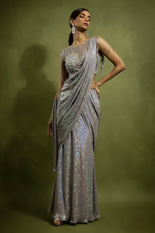 Babita Malkani Silver Holographic Georgette Saree Set 