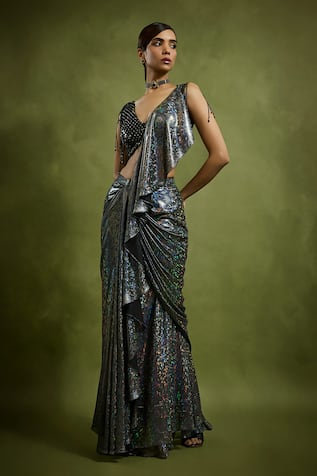 Babita Malkani Black Holographic Georgette Saree Set 