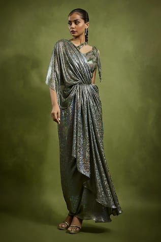 Babita Malkani Holographic Green Pre-Draped Saree Set 