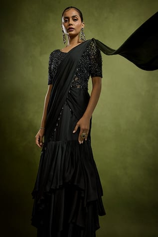 Babita Malkani Black Designer Pre-Draped Saree & Bodysuit 