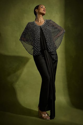 Babita Malkani Black Satin Tulle Cape Set 