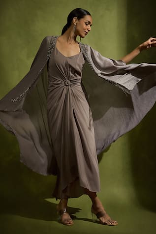 Babita Malkani Metallic Grey Designer Dress & Cape Set 