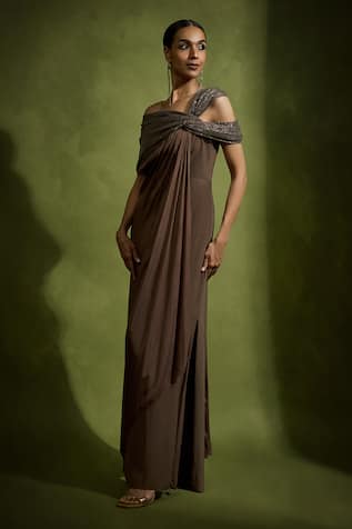 Babita Malkani Designer Brown Crepe Silk Dress 