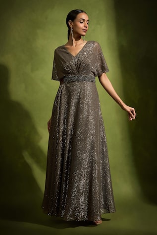 Babita Malkani Brown Sequin Tulle Designer Gown 