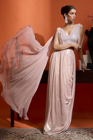 Babita Malkani Designer Pink Pre-Draped Saree Set 