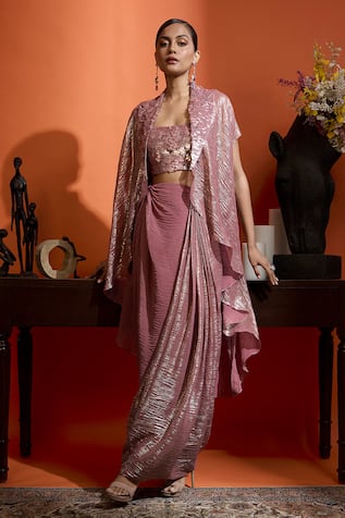Babita Malkani Dark Pink Shimmer Cape Set 