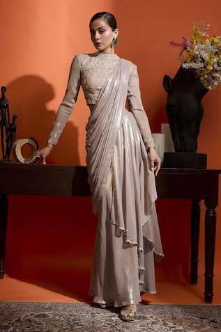 Babita Malkani Champagne Shimmer Georgette Saree Set 