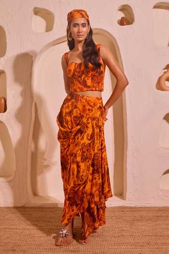 Nitara Dhanraj Label Orange Printed Corset & Draped Skirt Set 