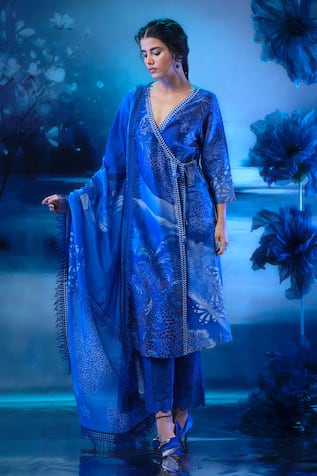 Mandira Wirk - Indian Blue Chanderi Angarkha Set 